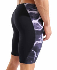 Black and black multi Arena men's Earth swim jammer, close-up view of the fitted swimwear with logo details.