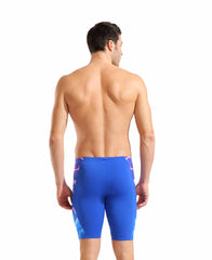 Arena men's Earth swim jammer in neon blue with multi-colored accents, designed for competitive swimming.
