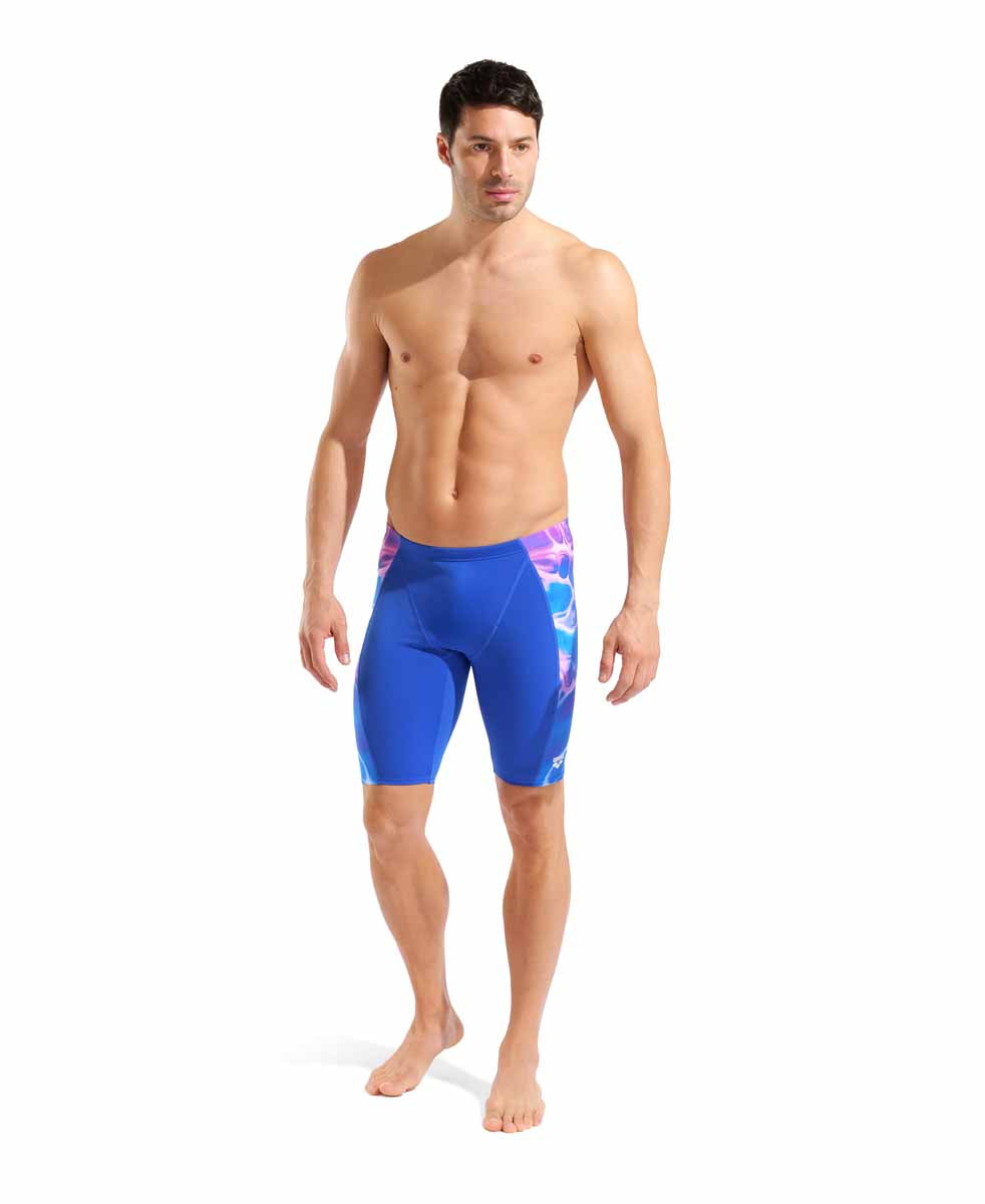 Arena men's Earth swim jammer in neon blue and multi-color, featuring a sleek design for competitive swimming.