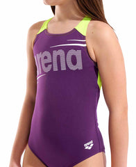 Arena girls' plum and Arctic lime V-back swimsuit with bold design, featuring a sleek, athletic style perfect for swimming.