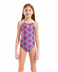 Arena girls' floral swim pro back swimsuit in violet multi and artic lime, featuring a vibrant floral pattern and comfortable fit.