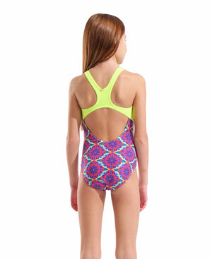 Arena girls' floral swim swimsuit with pro back design in violet multi and artic lime, featuring vibrant floral patterns.