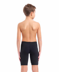 Black and multi-colored Arena boys' loud swim jammer, stretchy swimwear with bold design, ideal for competitive swimming.