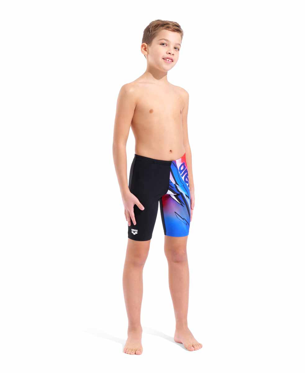 Black and multi-colored Arena boys' swim jammer with bold design, made for active swimming and water sports.