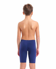 Arena boys' loud swim jammer in navy and multi-color, featuring bold patterns and a snug fit for competitive swimming.