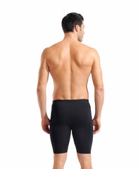 Black and white Arena men's distortion swim jammer featuring a sleek fitted design for competitive swimming.