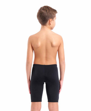 Arena boys' bold swim jammer in black and bright coral, featuring a snug fit and durable fabric for competitive swimming.