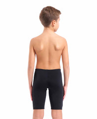 Arena boys' bold swim jammer in black and bright coral, featuring a snug fit and durable fabric for competitive swimming.