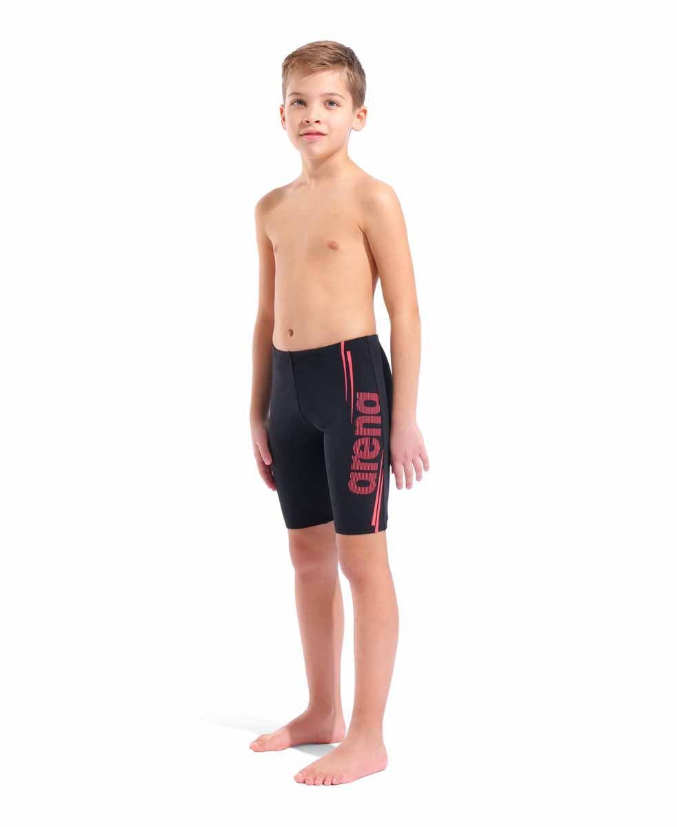 Arena boys' black and bright coral swim jammers, made for competitive swimming, with a sleek, form-fitting design.
