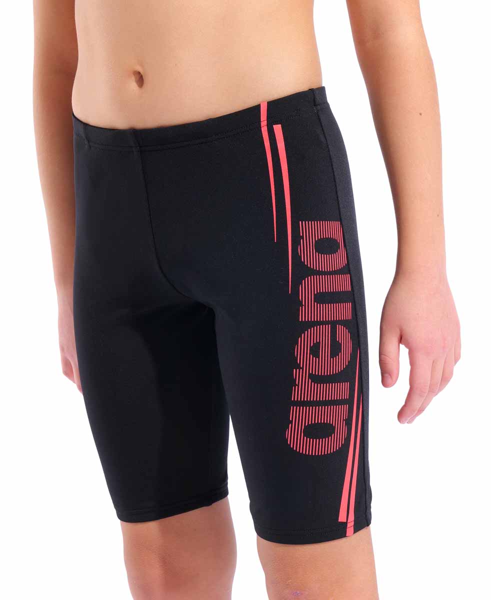 Arena boys' black and bright coral swim jammer, fitted swimwear with bold design for competitive swimming and training.