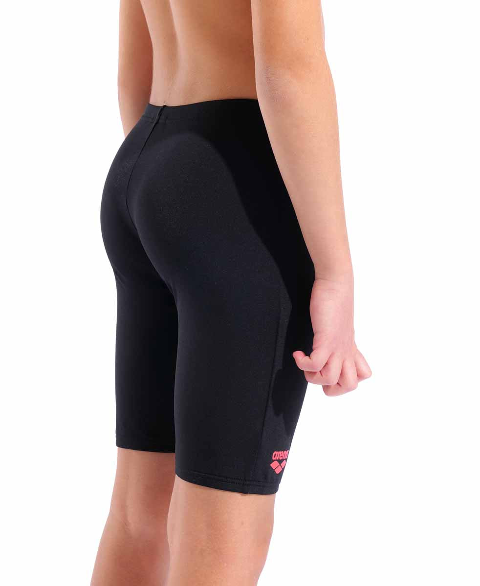 Arena boys bold swim jammer in black and bright coral, featuring a snug fit and durable fabric for competitive swimming.