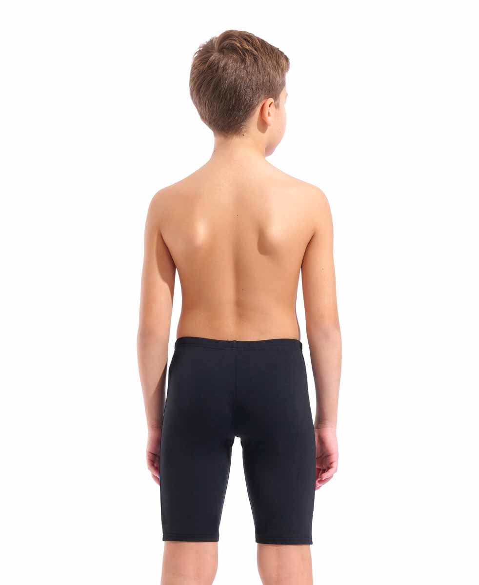 Arena boys' black and turquoise swim jammer, made for competitive swimming, featuring a snug fit and bold design.