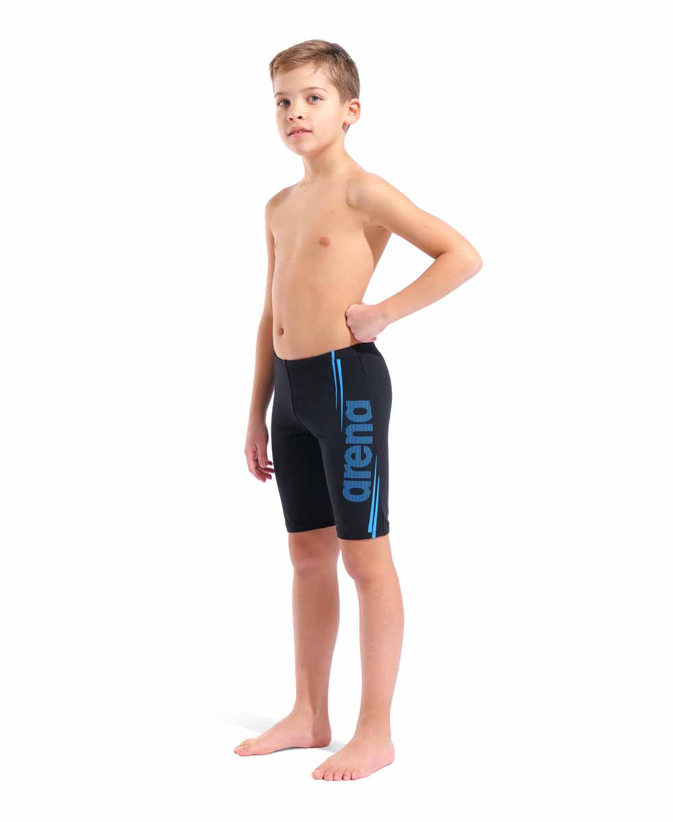 Black and turquoise Arena boys' swim jammer featuring a sleek design and bold branding, ideal for competitive swimming.