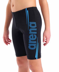 Black and turquoise Arena boys' swim jammer, made of snug, durable fabric, designed for competitive swimming and active water sports.