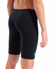 Arena boys' black and turquoise swim jammer, featuring bold design and snug fit, ideal for competitive swimming.