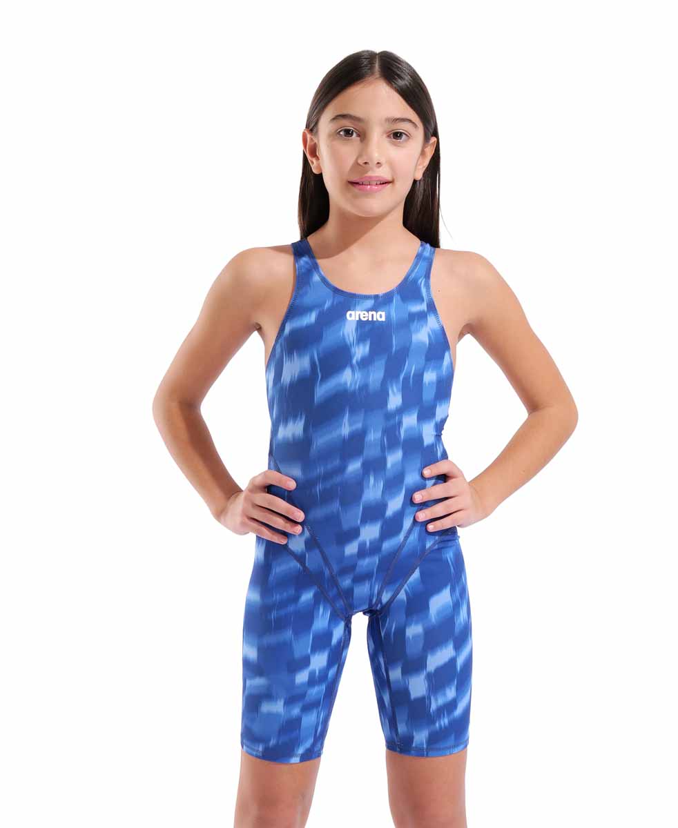 Arena girls' Wave full body swimsuit kneesuit in Team Royal, featuring a sleek design for competitive swimming.