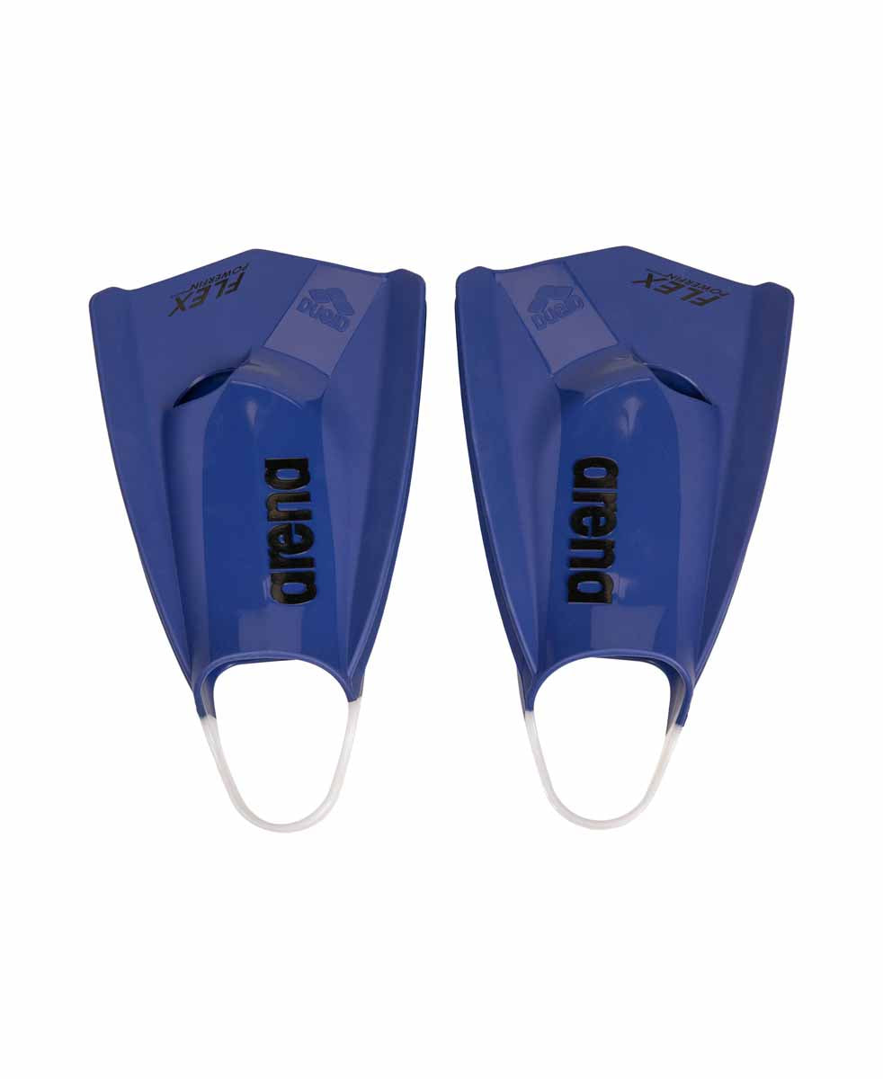 Arena Powerfin Pro Flex fins in midnight blue, showcasing lightweight, flexible swim fins with adjustable straps for competitive swimming.