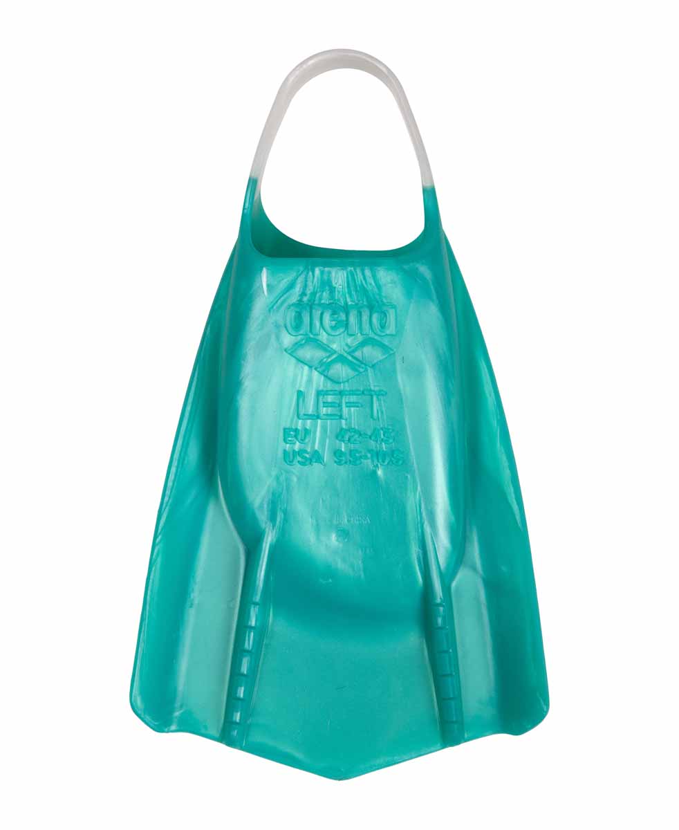 Arena Powerfin Pro Flex fins for swimming, featuring a shimmering water design, shown in a sleek black and silver finish.