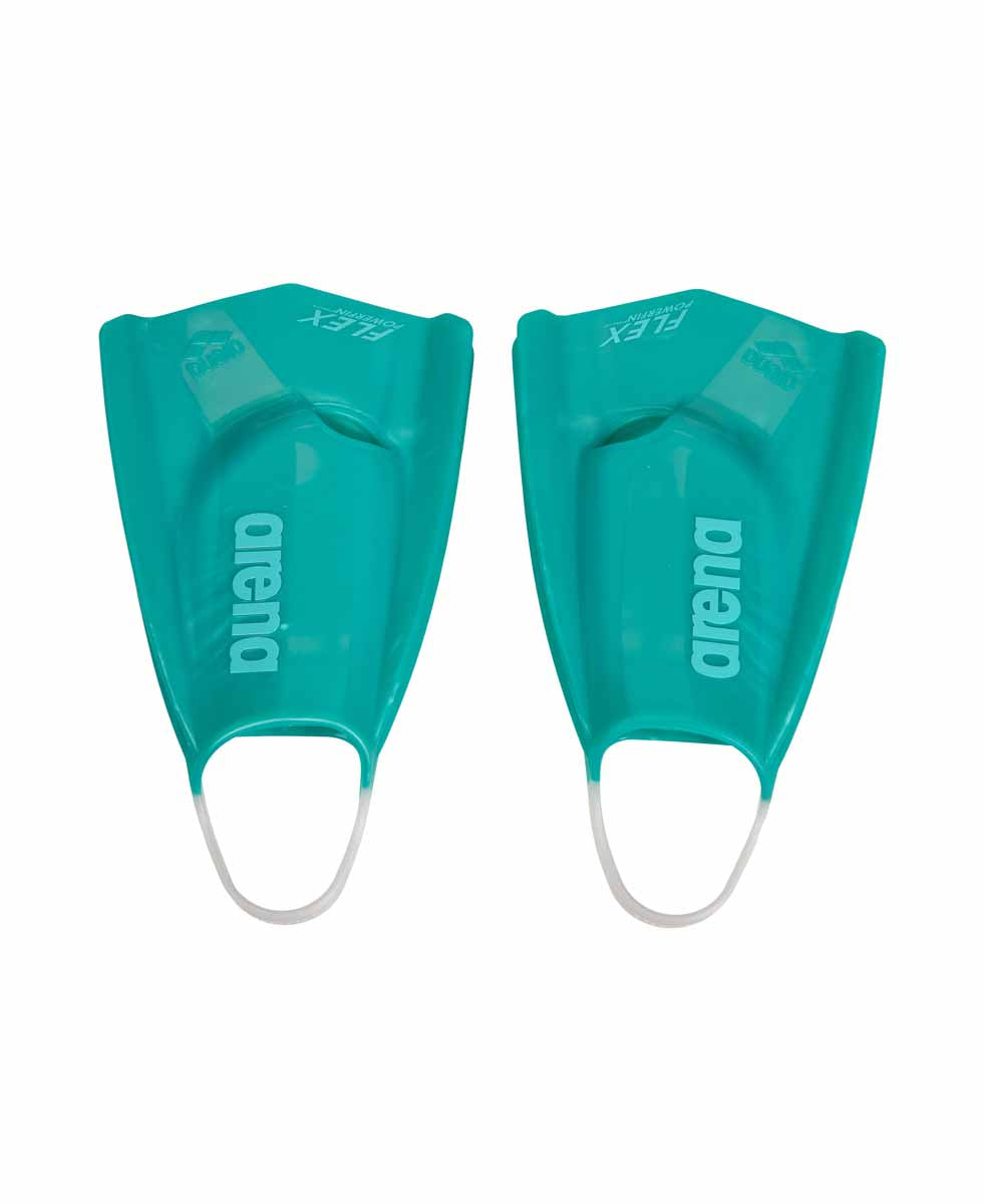 Arena Powerfin Pro Flex fins with shimmered water design, showcasing sleek, flexible swim fins for competitive or recreational swimming.