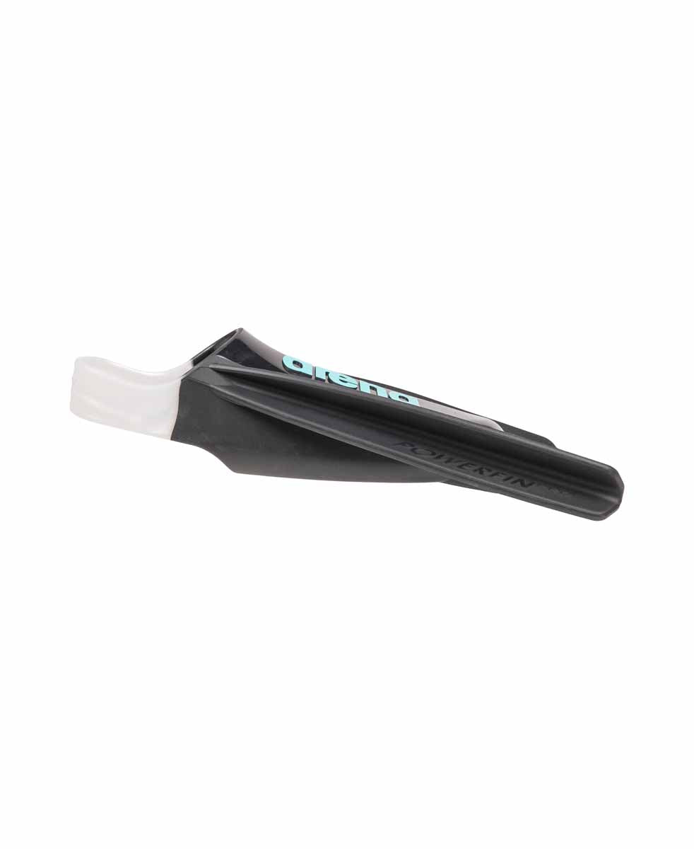 Black Arena Powerfin Pro Flex swim fins with adjustable foot pocket and flexible blade for enhanced aquatic performance.