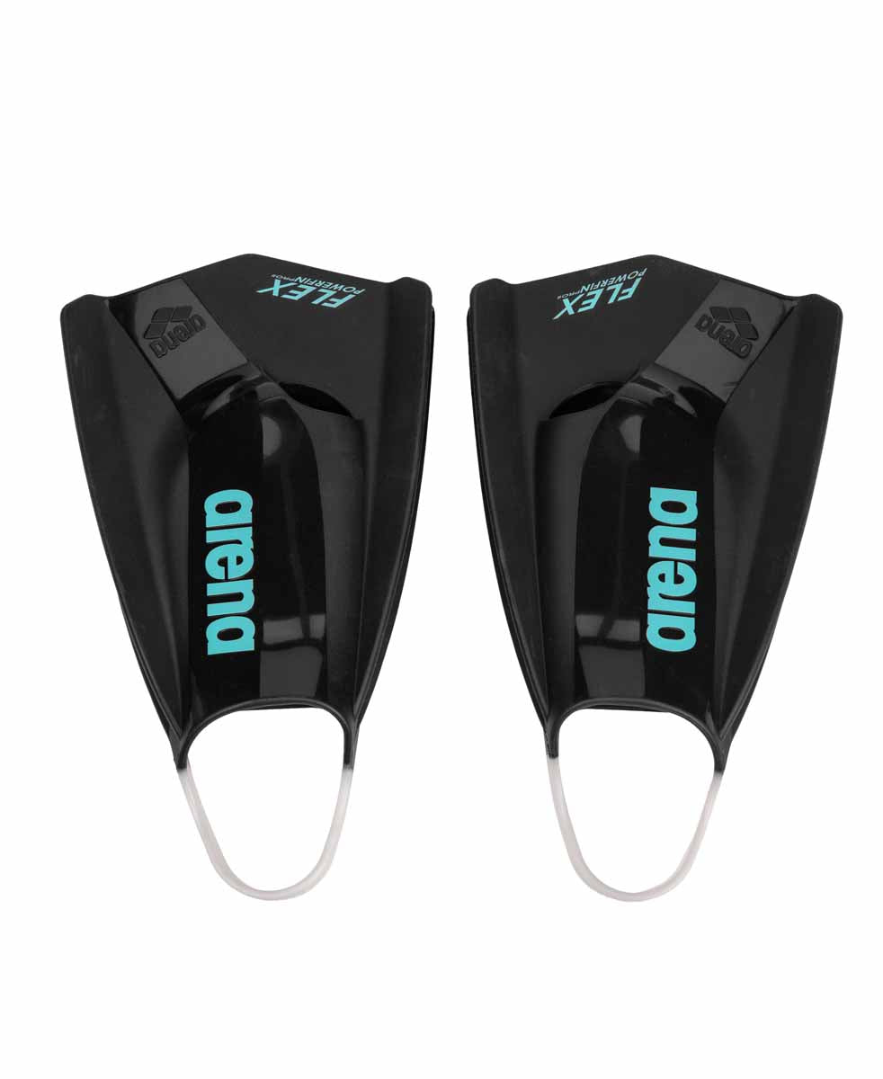 Black Arena Powerfin Pro Flex fins for swimming, shown with flexible blade design and adjustable foot pocket.
