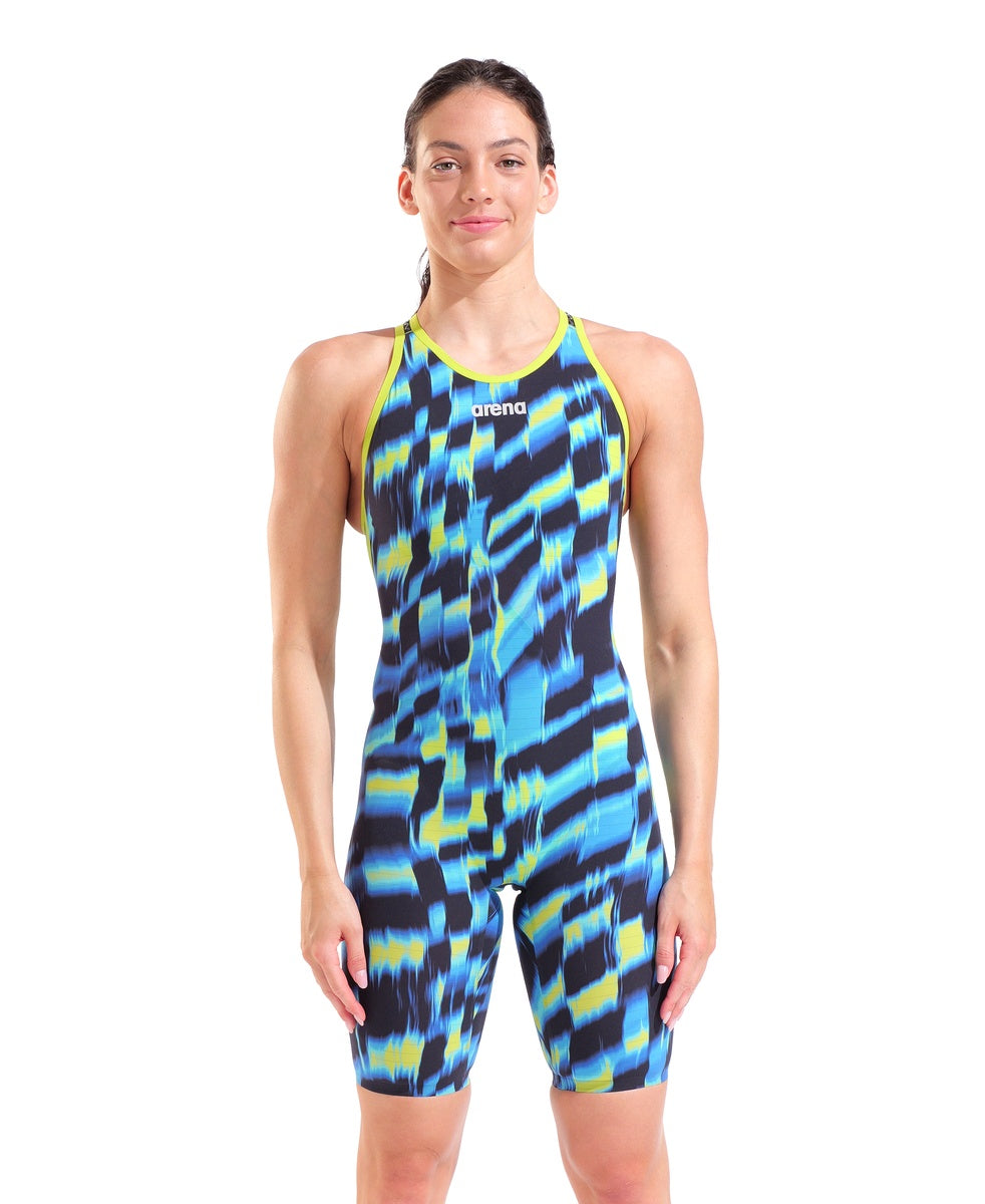 Arena Women's Powerskin Air 3 Open Back Kneesuit in Aqua Gleam, featuring sleek design and open back style for competitive swimming.
