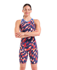 Arena Women’s Powerskin Air 3 open back aqua gleam limited edition kneesuit in red, white, and blue with sleek design.