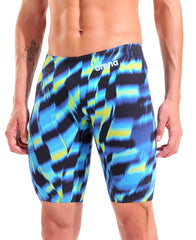 Arena men's Powerskin Air3 Aqua Gleam Limited Edition jammer swimsuit, Aqua and gleam color, close-up of fabric and design details.