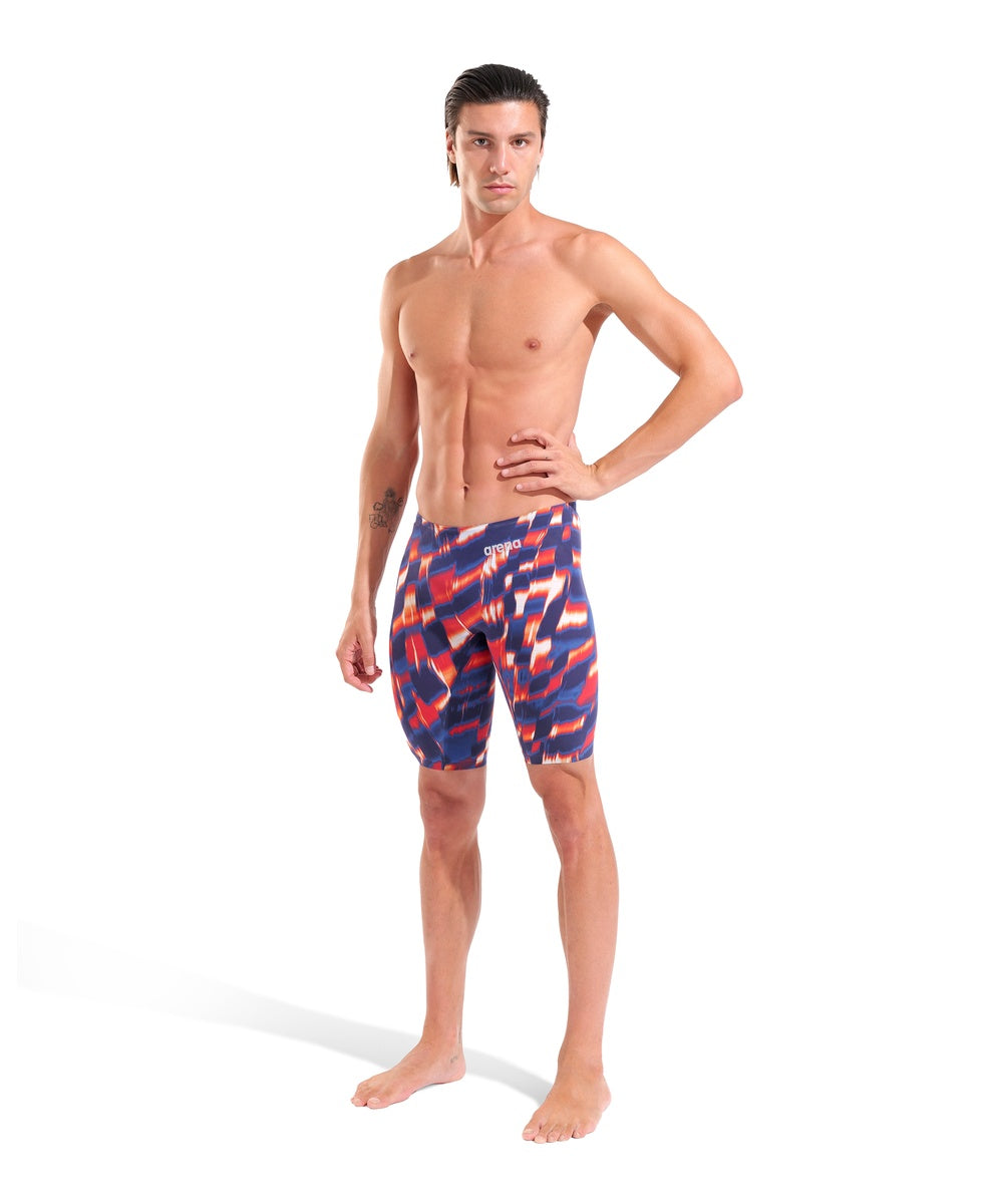 Arena Men's Powerskin Air3 Aqua Gleam Limited Edition jammer in red, white, and blue with sleek swimwear design.
