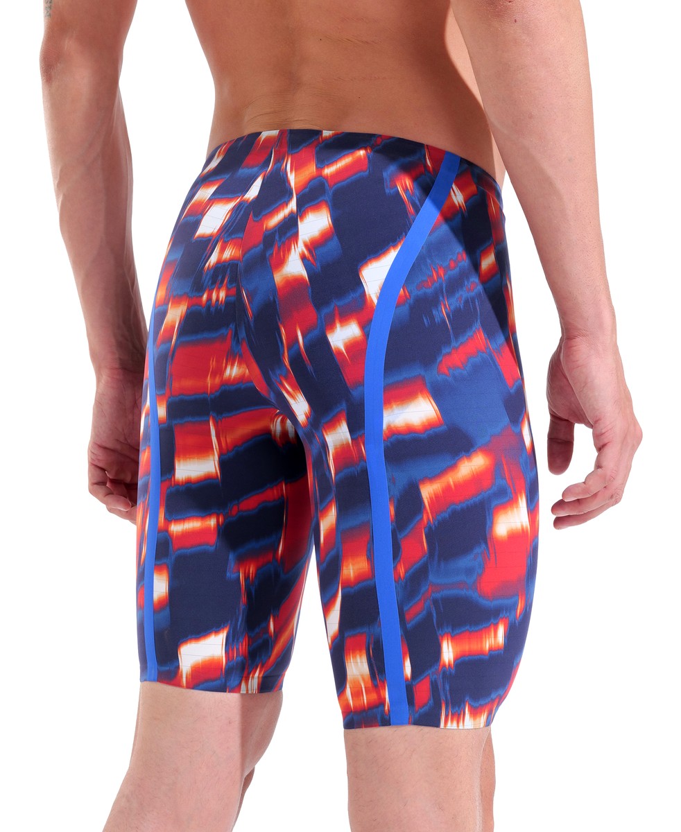 Arena men's Powerskin Air3 Aqua Gleam limited edition jammer in red, white, and blue, shown on a model for competitive swimming.