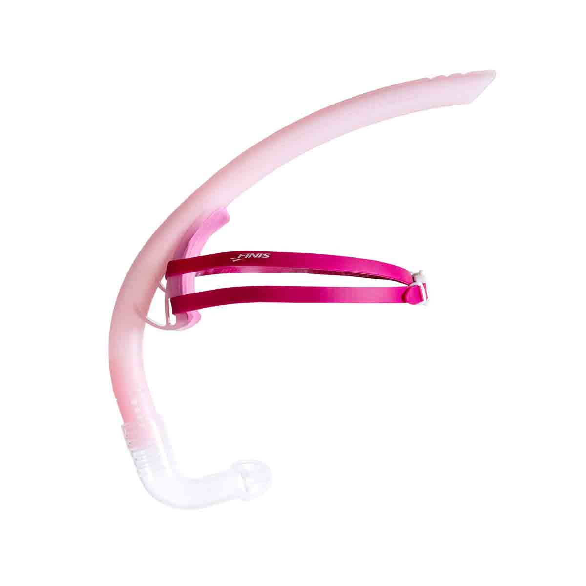 Finis Stability Snorkel in orchid color, with adjustable strap and dry-top design for comfortable underwater breathing.