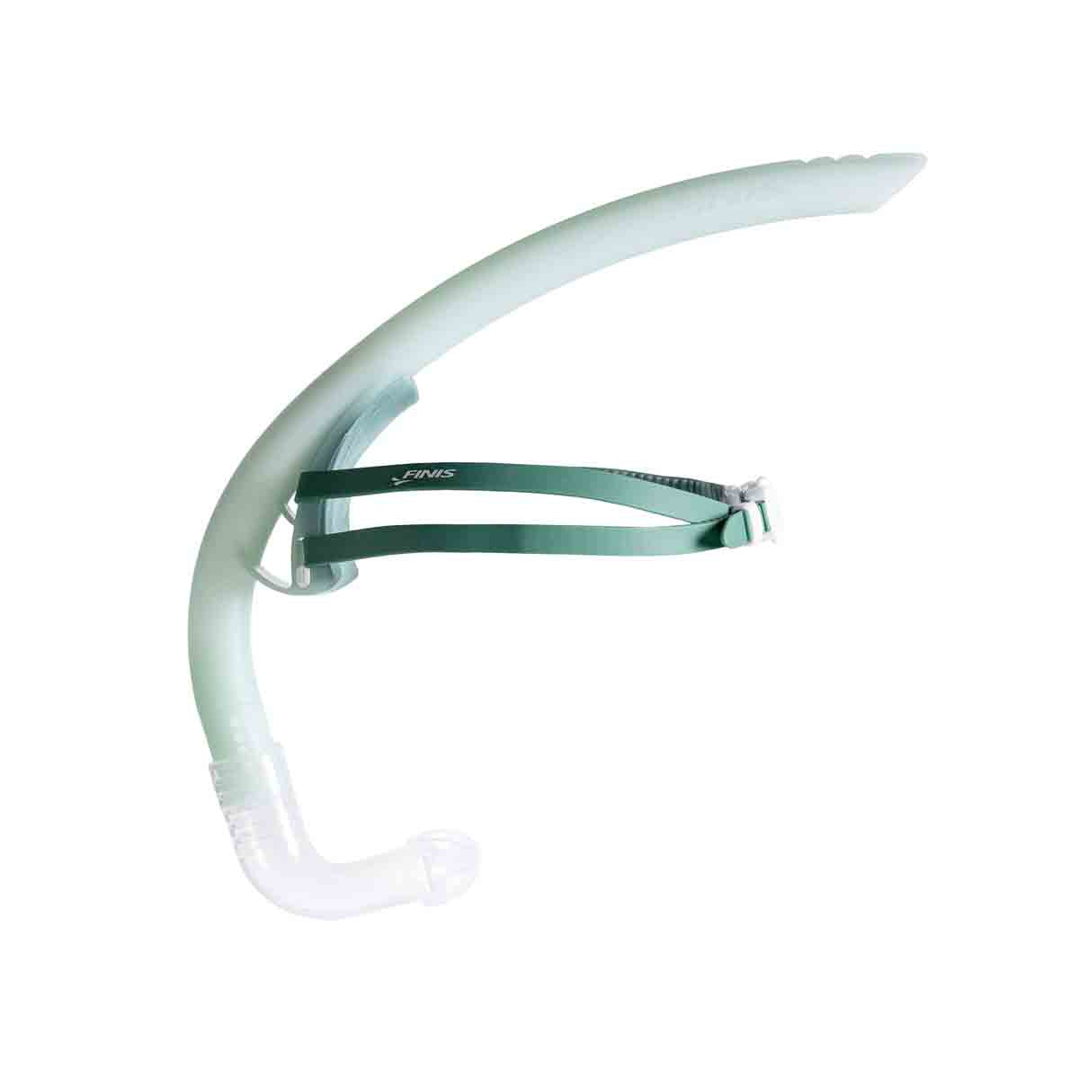 Finis Stability Snorkel in sage color, designed for comfortable underwater breathing, shown on a clear background.