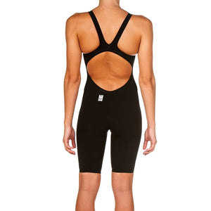 Arena women's Carbon Air2 kneesuit in black, close-up showing sleek fabric and fitted design for competitive swimming.