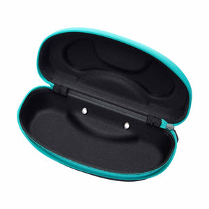 Black and turquoise Zoggs Elite goggle case with zipper closure, designed for storing and protecting swimming goggles.
