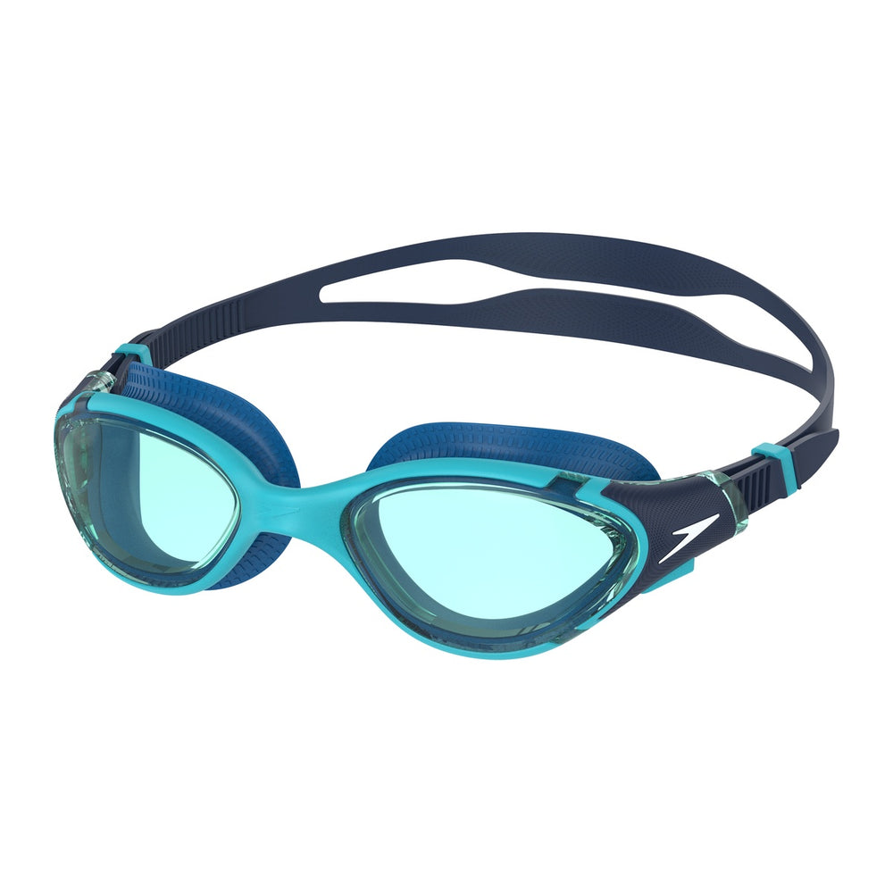 Speedo Biofuse 2.0 goggles in coastal teal and jade with adjustable straps and clear lenses for swimming.