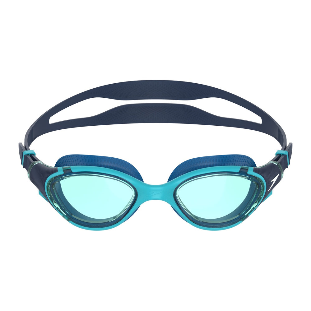 Speedo Biofuse 2.0 goggles in Coastal Teal and Jade with adjustable straps and clear lenses for comfortable swimming.