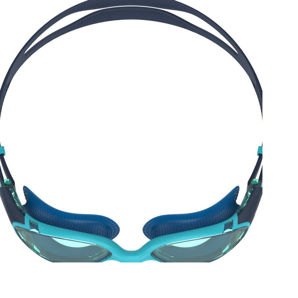Speedo Biofuse 2.0 goggles in coastal teal and jade, featuring a sleek design with adjustable straps and clear lenses.