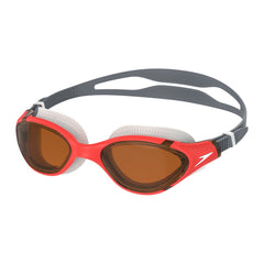 Speedo Biofuse 2.0 heat amber swimming goggles with adjustable straps and clear lenses for enhanced underwater visibility.