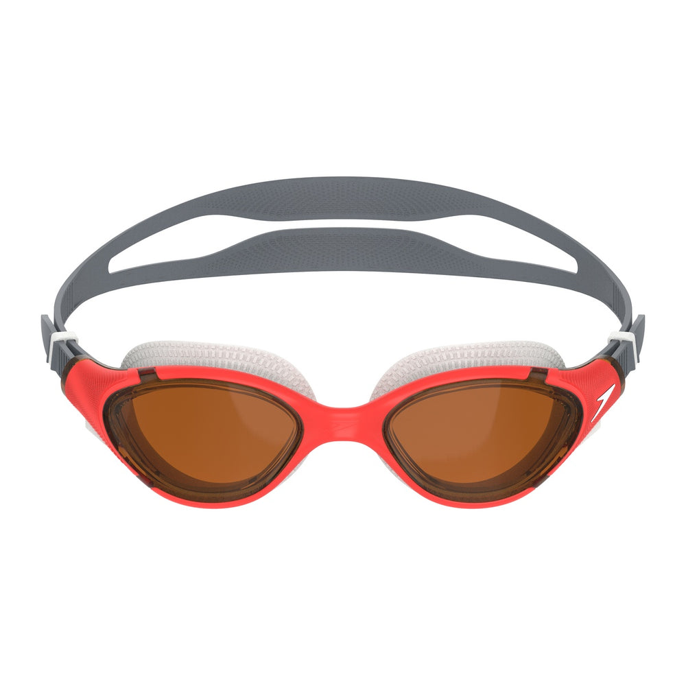 Speedo Biofuse 2.0 heat amber swimming goggles with adjustable straps and clear lens, designed for comfortable underwater vision.