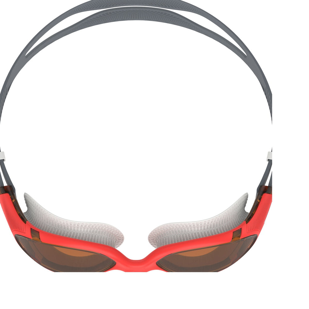 Speedo Biofuse 2.0 heat amber swimming goggles with adjustable straps and clear lenses for comfortable underwater visibility.