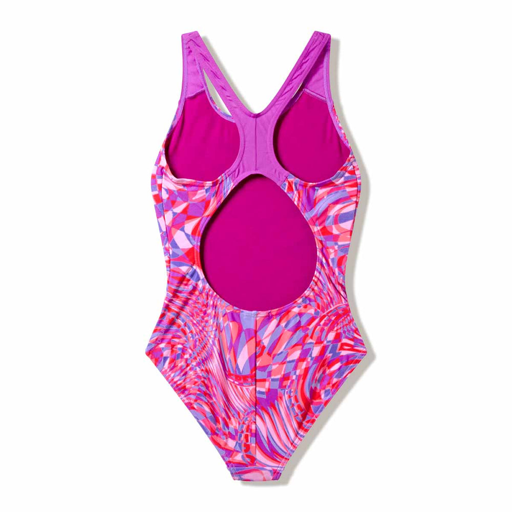Speedo girls' neon jelly splashback swimsuit with colorful print, designed for swimming and active water play.
