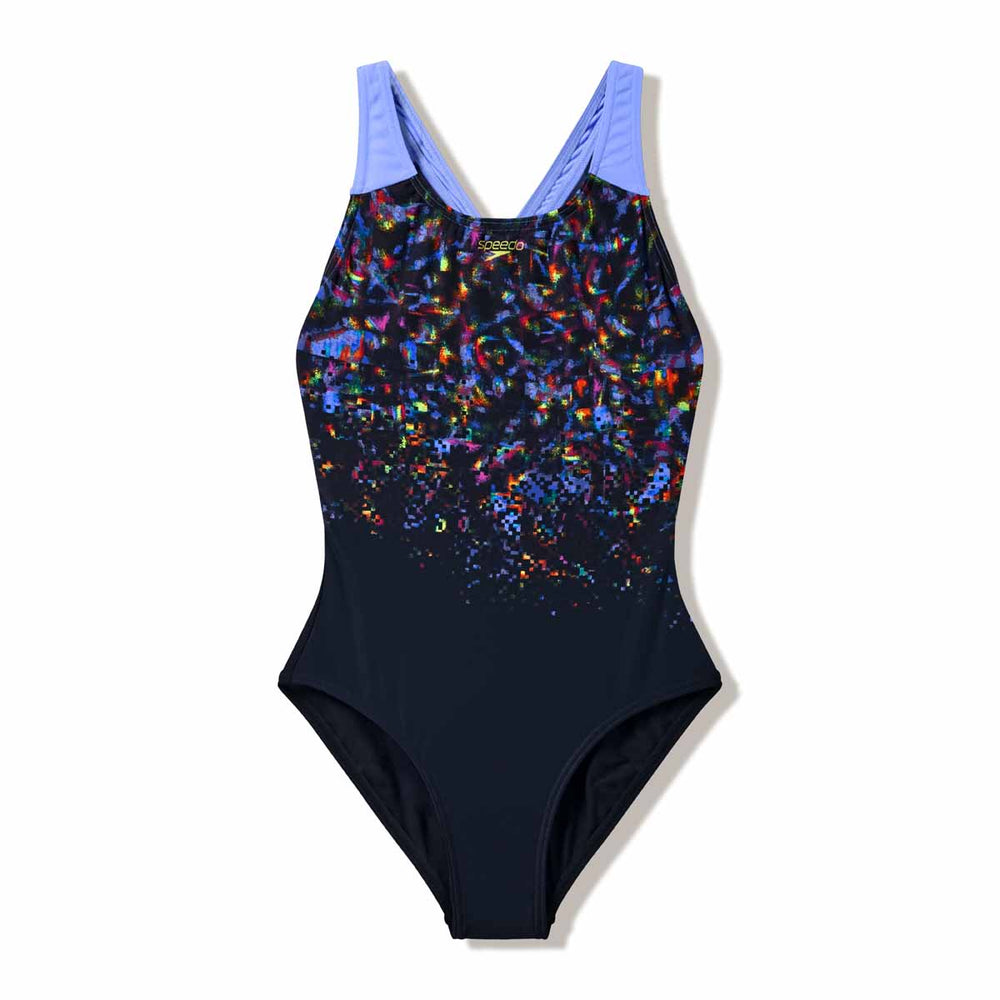 Speedo girls' print splashback swimsuit in anthracite and moonlight lavender, featuring colorful aquatic pattern and comfortable fit.