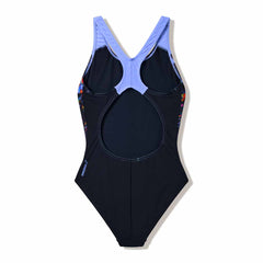Speedo girls' print splashback swimsuit in anthracite and moonlight lavender with colorful aquatic patterns.