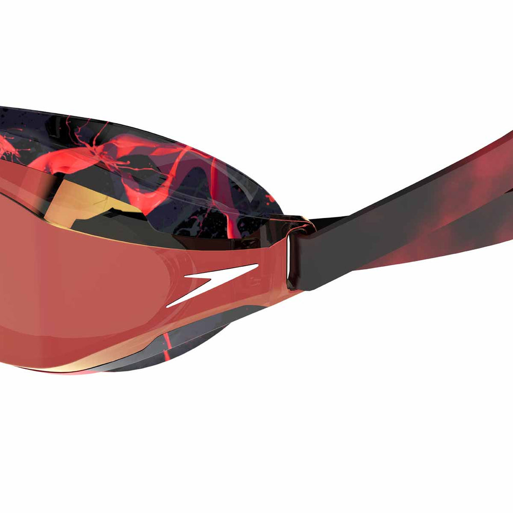 Speedo Fastskin Speedsocket 2.0 mirrored goggles with splatter smoke and crimson gold mirror lenses, designed for competitive swimming.