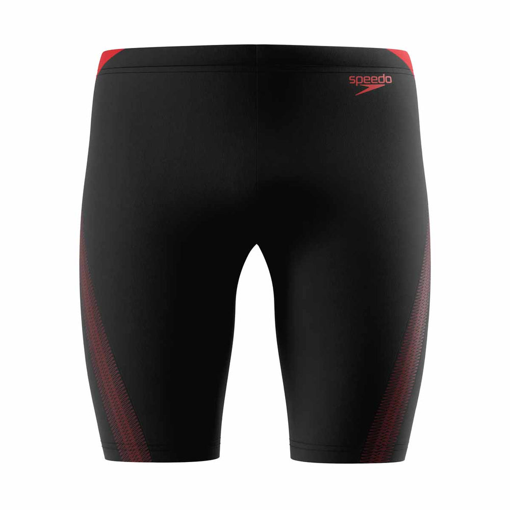 Speedo men's Hyperboom Splice jammer in anthracite and high risk red with a sleek, sporty design for competitive swimming.