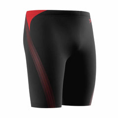 Speedo men's Hyperboom Splice jammer in anthracite and high risk red, close-up view of the swim jammers displaying color details
