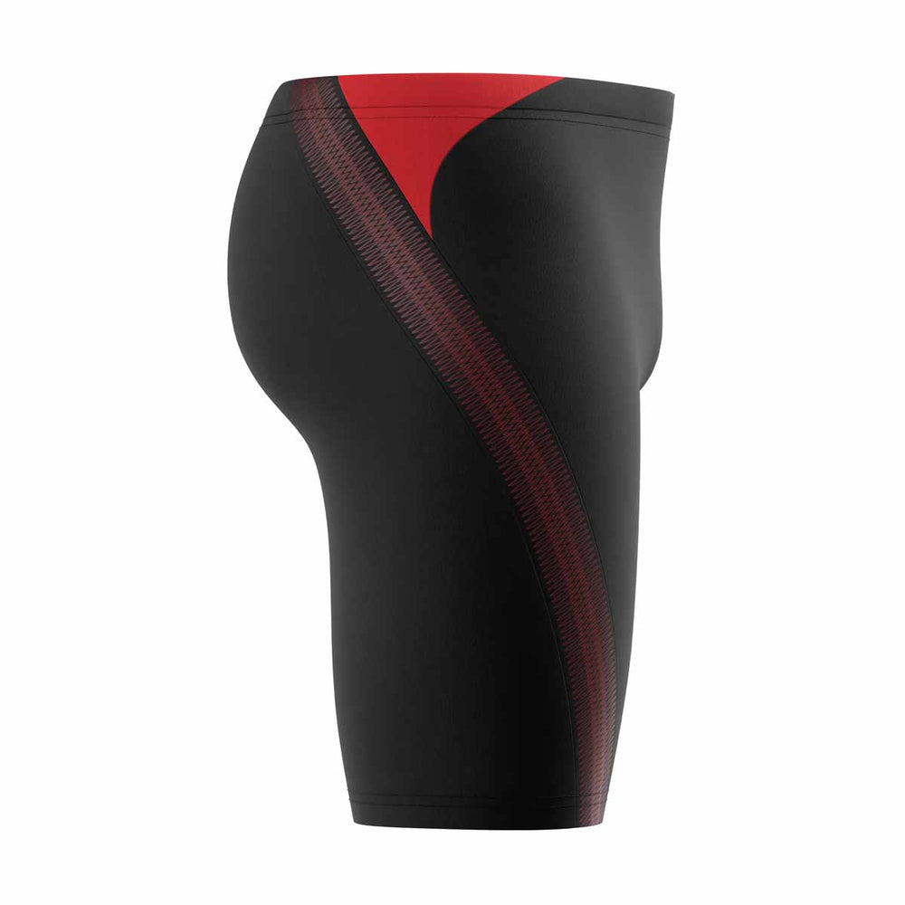 Speedo men's Hyperboom Splice jammer swimwear in anthracite and high-risk red with colorful splice design, suitable for competitive swimming.