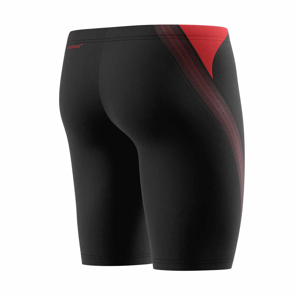 Speedo men's Hyperboom Splice jammer swimsuit in anthracite and high risk red fabric, designed for competitive swimming.