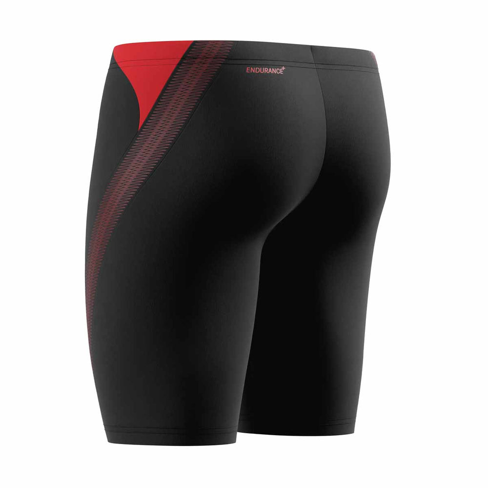 Speedo men's Hyperboom splice jammer in anthracite and high risk red with a sleek, athletic design for competitive swimming.