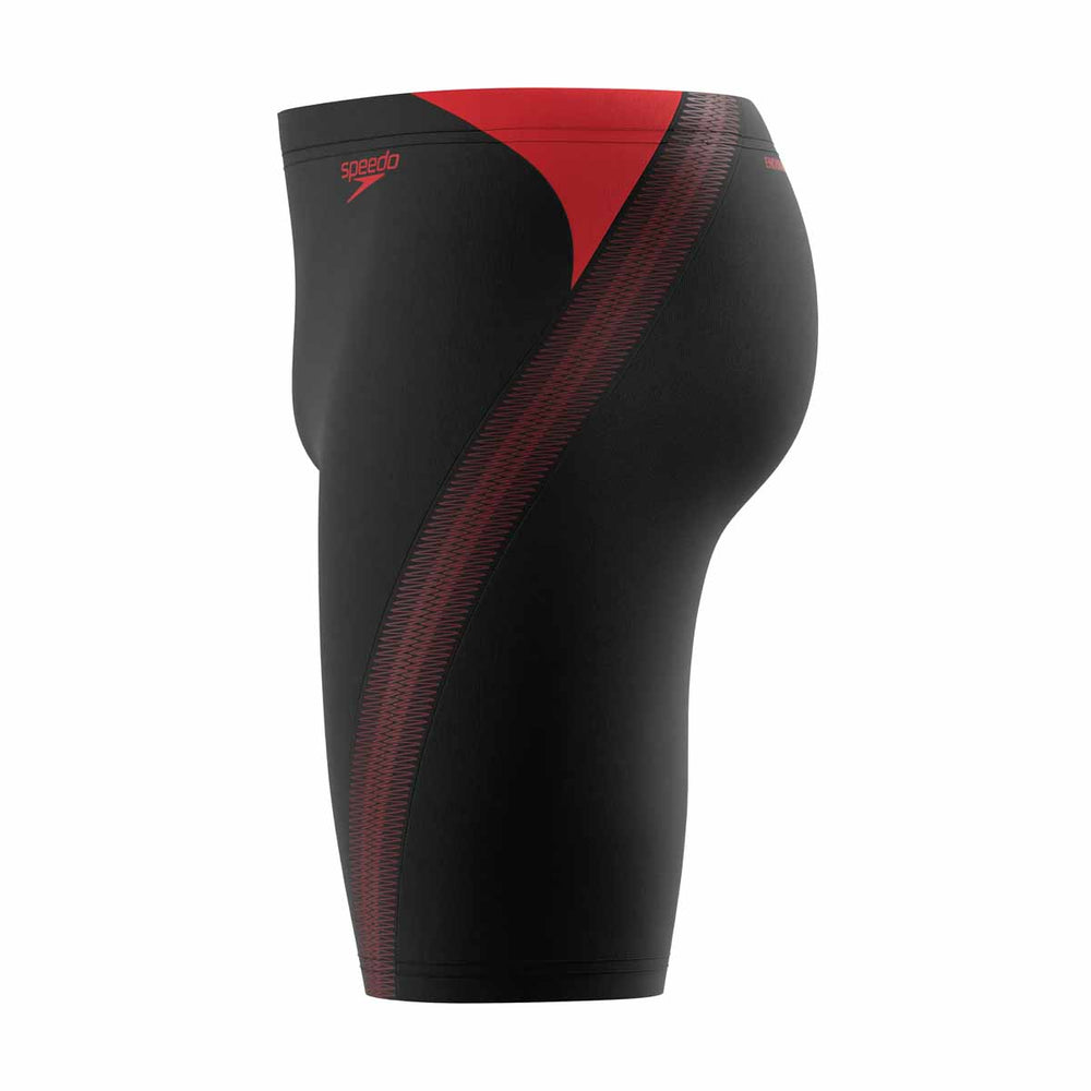 Speedo men's Hyperboom Splice jammer in anthracite and high risk red, featuring a sleek swimwear design for competitive swimming.